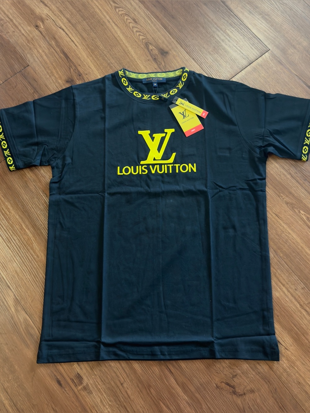 Louis Vuitton Men’s Black T-Shirt with Yellow Logo